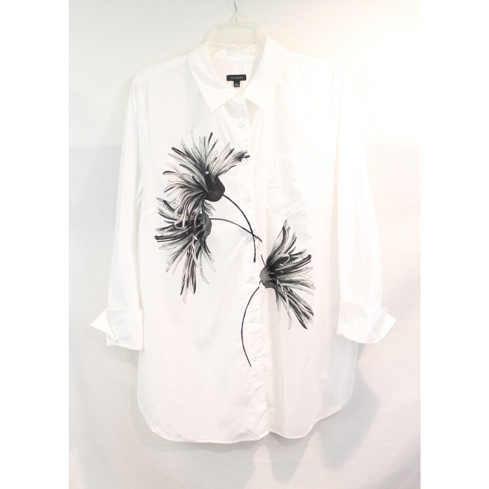 Talbots Boyfriend Shirt Chrysanthemum Blooms Top Womens size L White Button Up